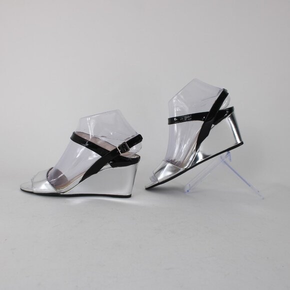 Prada Wedge Heel Sz 35.5 Silver Black Ankle Strap Adjustable Leather 2.5" Heel - Picture 5 of 12